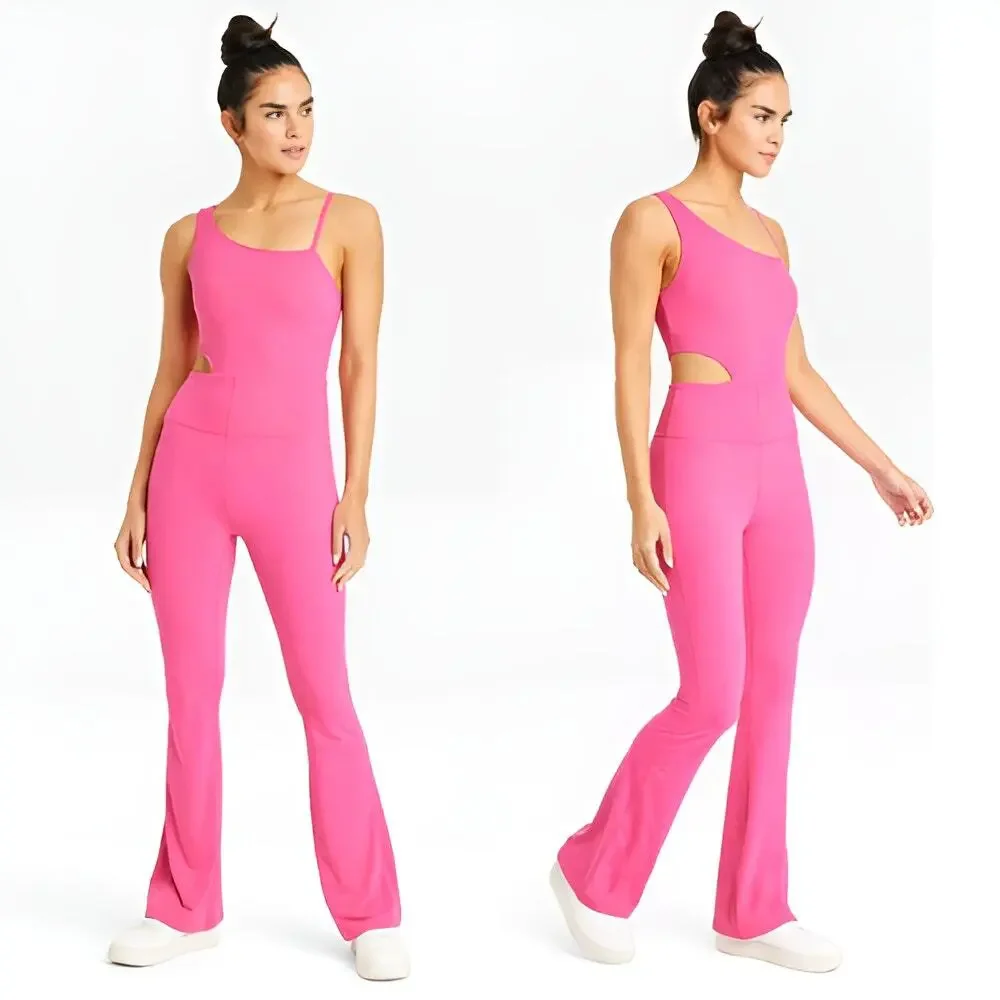 JoyLab Womens Athleisure Cutout Asymmetrical Neck Flare Leg Bodysuit Jumpsuit L - Picture 1 of 7
